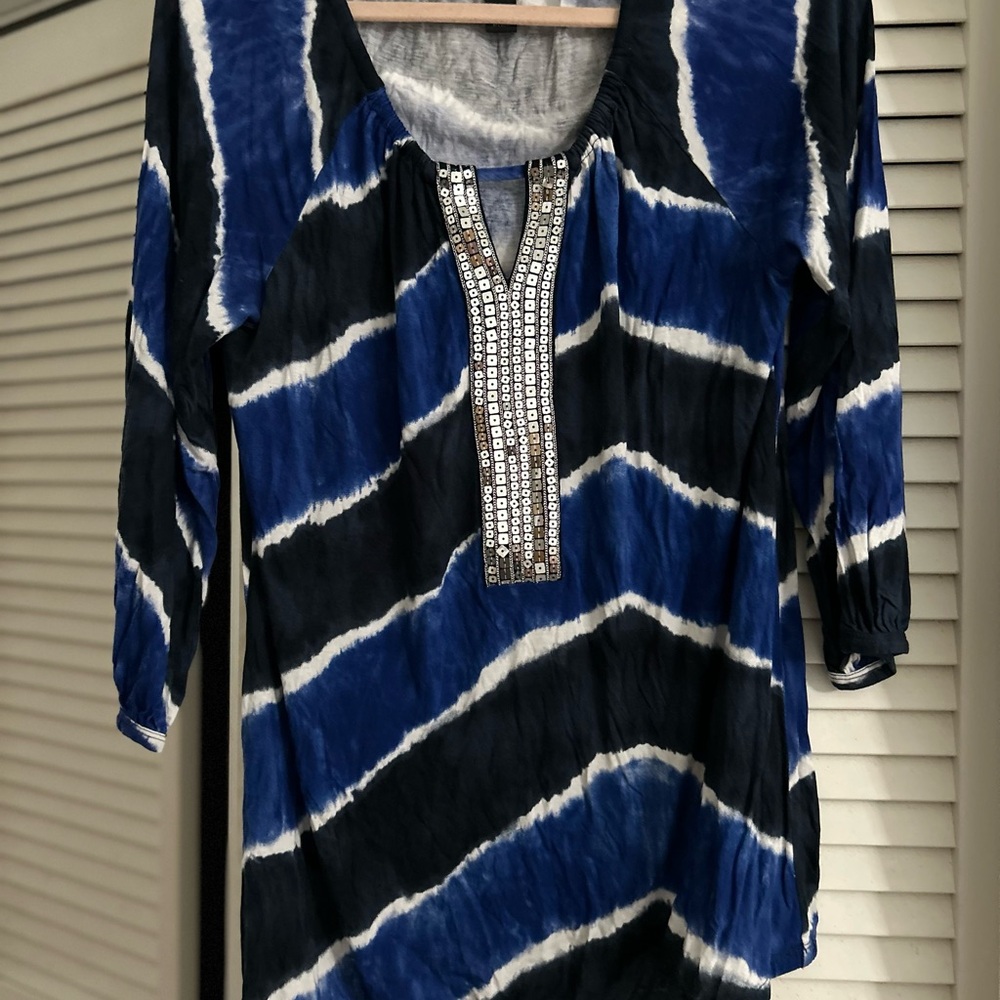 INC International Concepts Blue and Black Tunic with Embellished Neckline